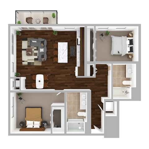 Floor plan for 2 beds, 2 baths, 977 sqft